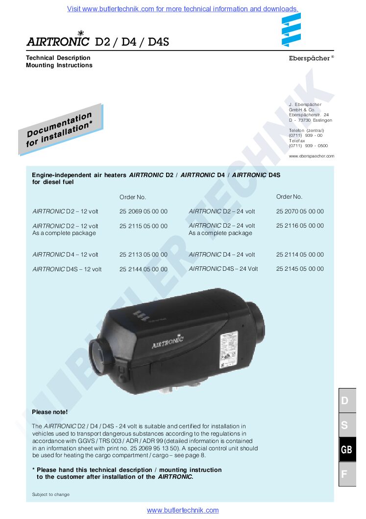 Eberspacher AIRTRONIC D2 Bedienungsanleitung