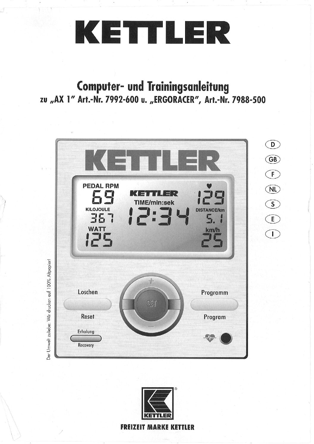 Kettler Ergometer AX 1 7992-600 Bedienungsanleitung