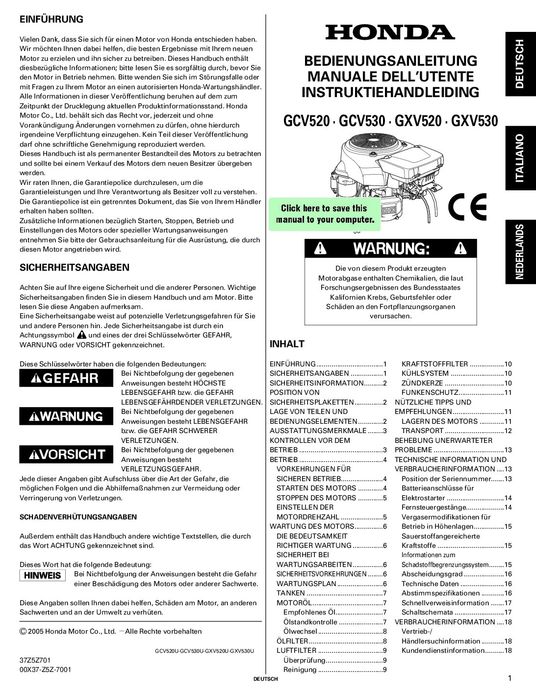 Honda Engines GCV530 Bedienungsanleitung